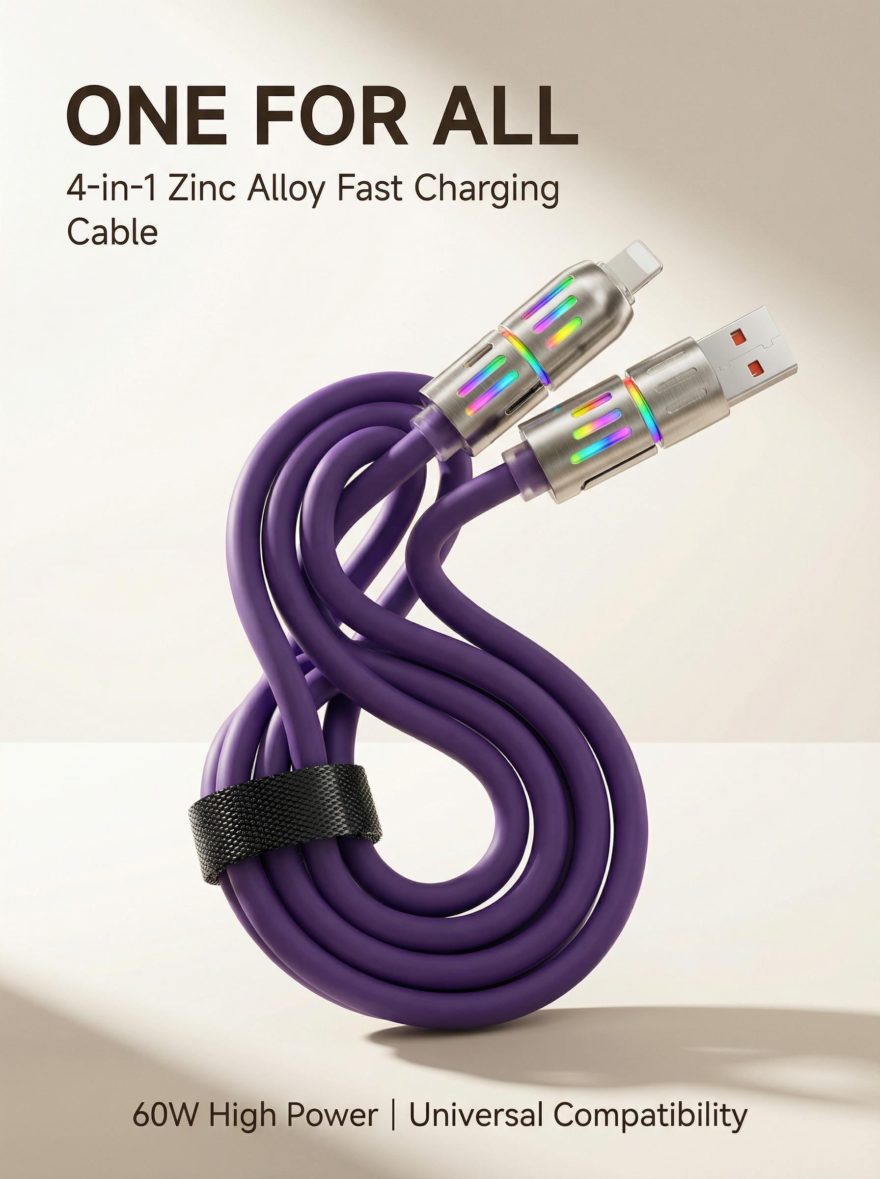 [Buy 1 Get 1 Free] 6.6ft  4-in-1 Multi USB Charging Cable with USB A,Type C,Lightning-MAX65W Fast Charging & Data Sync for iPhone16/15,iPad Pro,  fast charger usb cable 4-in-1 fast Breathing Light  -max 1 usb-c data 4 1 charging cable