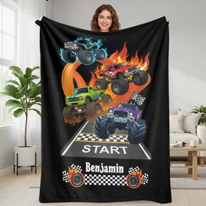 Monster Truck Flannel Blanket with Racing Flames and Checkered Flag Print  Soft Warm Durable  Perfect for Bedroom  Sofa  Road Trip  Camping  Gift Giving