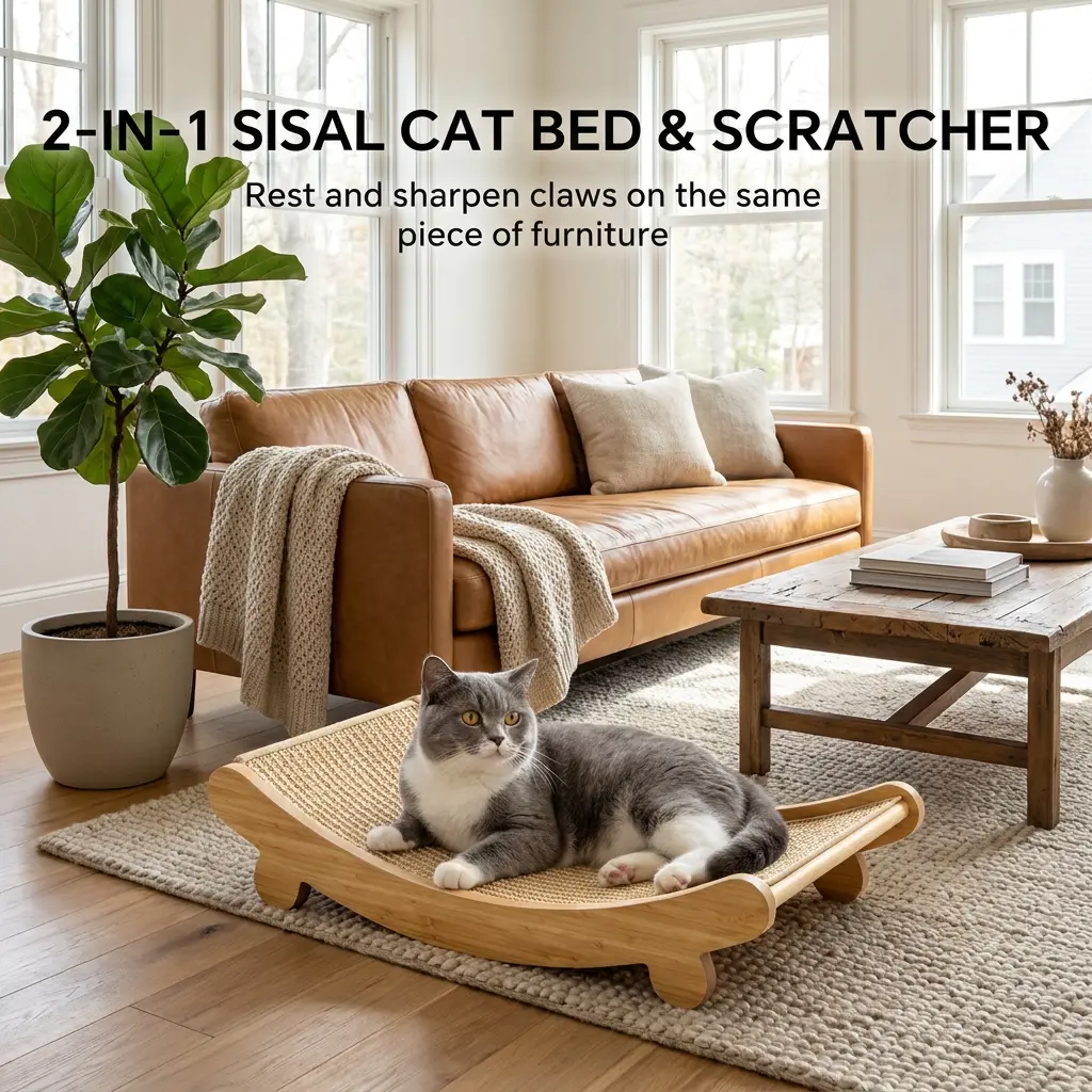 Sisal Cat Scratcher Bed 2 in 1, Solid Wood Cat Lounger, Scratching Board & Nap Hammock Combo, Furniture Protector for Cats