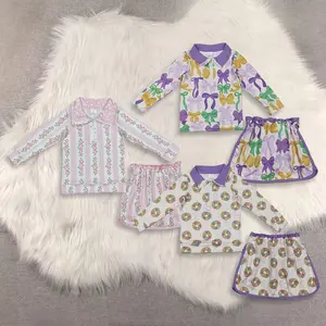 New Clothes Sibling Kids Girls Pink Stripe Floral Pullover Skirt Set with Purple Yellow Green Donuts Mardi Gras  Clothing Outfit for Girls cute style baby comfortable casual wear two-piece child