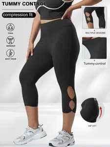 Women's Plus Size High Waist Compression Elastic Knit Seven-Quarter Pants, Side Hollow Out Design, Casual Fashion Tight Fit, Comfortable Daily Wear, Stretchy High Waist, Yoga Pants Activewear