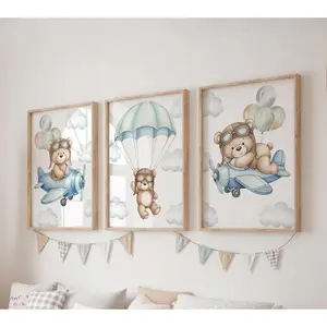 Set of 3 Teddy Bear Prints, Air Balloon Wall Art Set, Airplane Posters, Modern Art, Kids Bedroom Decor, Boy Nursery Decor, Playroom Prints Artistic Cotton Artwork Matte Minimalist Ornaments Decoration Photo Frames wall decor posters