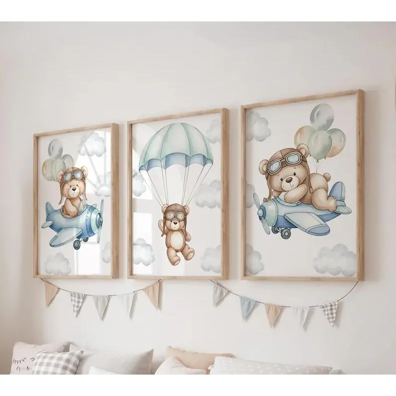 Set of 3 Teddy Bear Prints, Air Balloon Wall Art Set, Airplane Posters, Modern Art, Kids Bedroom Decor, Boy Nursery Decor, Playroom Prints Artistic Cotton Artwork Matte Minimalist Ornaments Decoration Photo Frames wall decor posters