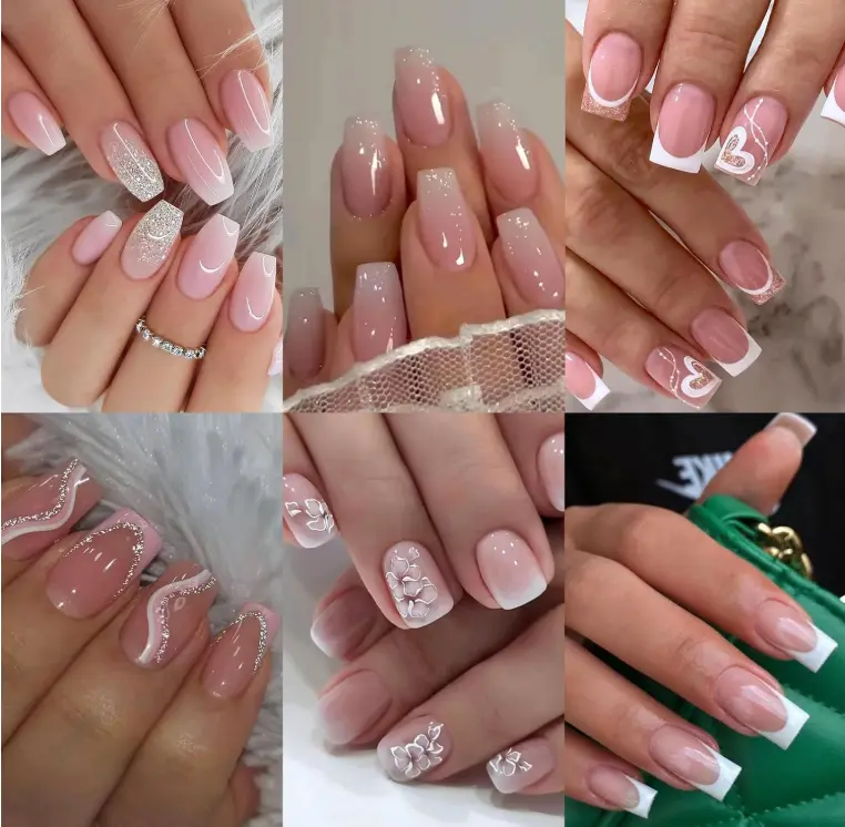6 Packs (144 Pcs) Press on Nails Medium - Jsiallye Pink Gradient Press on Nails Square Coffin, Glue on with Nail in 12 Sizes - 24 Fake Nails Kit, French Tip Stick on Nails for Women