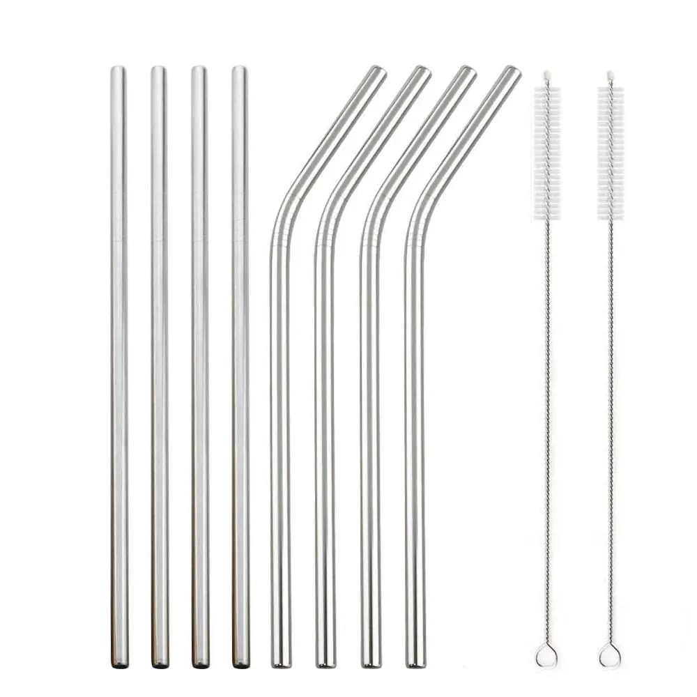 Set of 8 Stainless Steel Bent Drinking Straws with 2 Cleaning Brushes, Reusable and Easy-to-Clean Straws, Ideal for Family Gatherings, Kitchen Accessories, Utensils