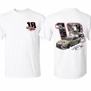 Retro Motorsport Graphic T-Shirt | #18 Racing Car Print Apparel | Soft 100% Cotton Short Sleeve Tee for NASCAR Enthusiasts