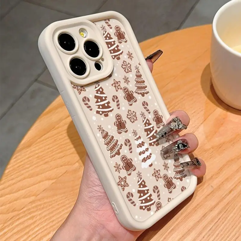 Soft Silicone Phone Case for iPhone 17 Pro Max, 16 Plus, 15, 14, 13, 12, 11, SE — Anti-Yellowing, Stays Fresh, Durable, Long Wear Full Body Shockproof Cover with White Christmas Tree & Gingerbread Man Design, Durable Silicone, Long Wear, Accessories