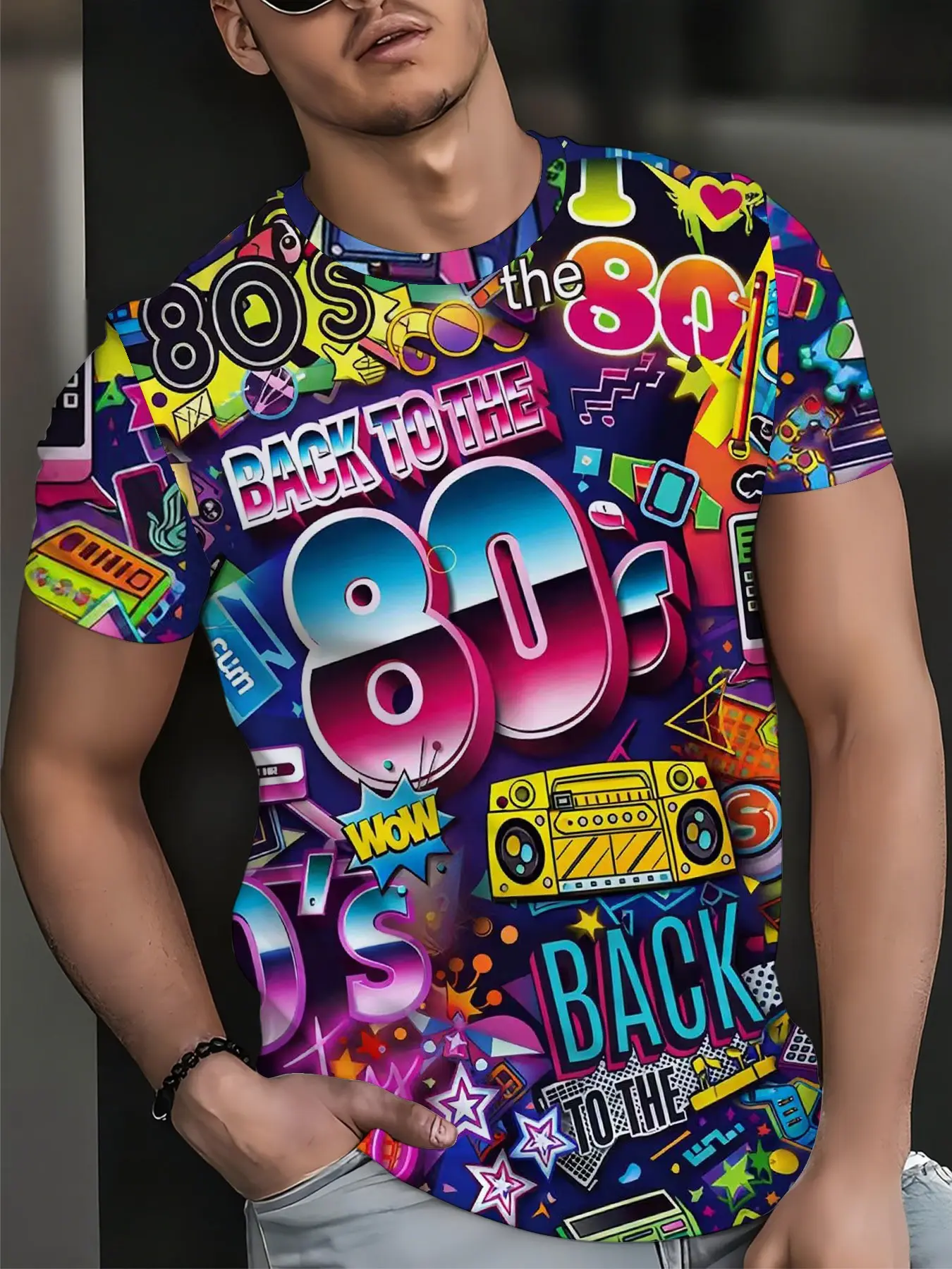 Retro Vintage 80s Neon Graffiti Print Short Sleeve Casual Classic Streetwear T-Shirt, Men's American Nostalgic Style Vibe Aesthetic Fashion Top