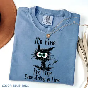 Comfort Colors It's Fine I'm Fine Everything Is Fine Shirt, Cute Black Cat Tee, Trendy Casual Tee, Women's Letter Print Short Sleeve Tee
