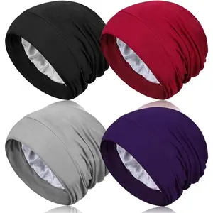 4 Pieces Satin Lined Sleep Bonnet - Adjustable Sleeping Cap Slouchy Beanie Hat for Curly Hair