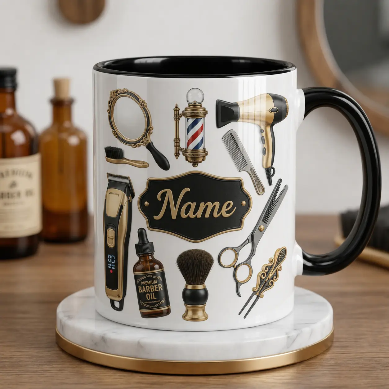 Custom Barber Tools Name Mug, 2D Printed 3D Effect Ceramic Coffee Cup, Vintage Hair Stylist Clippers Scissors Design, Personalized Gift for Barbers, Hairdressers, Salon Owners, Grooming Lovers, Birthday Gift