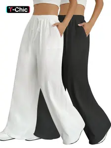 Women's Solid Color Wide Leg Drawstring Pants, Casual Comfy Trousers for Daily Wear, Ladies Bottoms for All Seasons, Baggy Pants