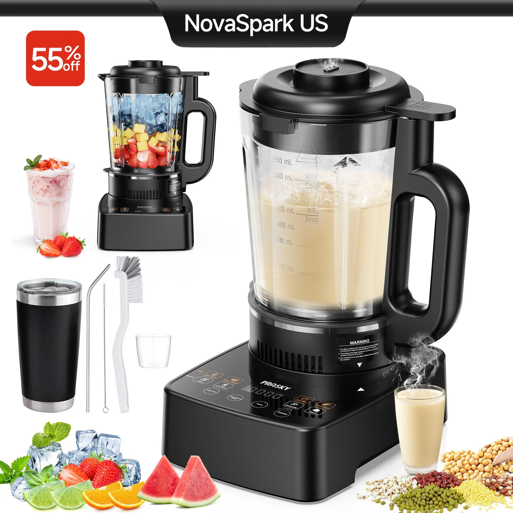 PRASKY Heating Blender & Soy Milk Maker, 60oz Glass Jar Household Appliances, 24H Delay Start, 25000RPM High-Speed Motor, 9 Smart Programs for Soups, Smoothies, Versatile Kitchen Tool