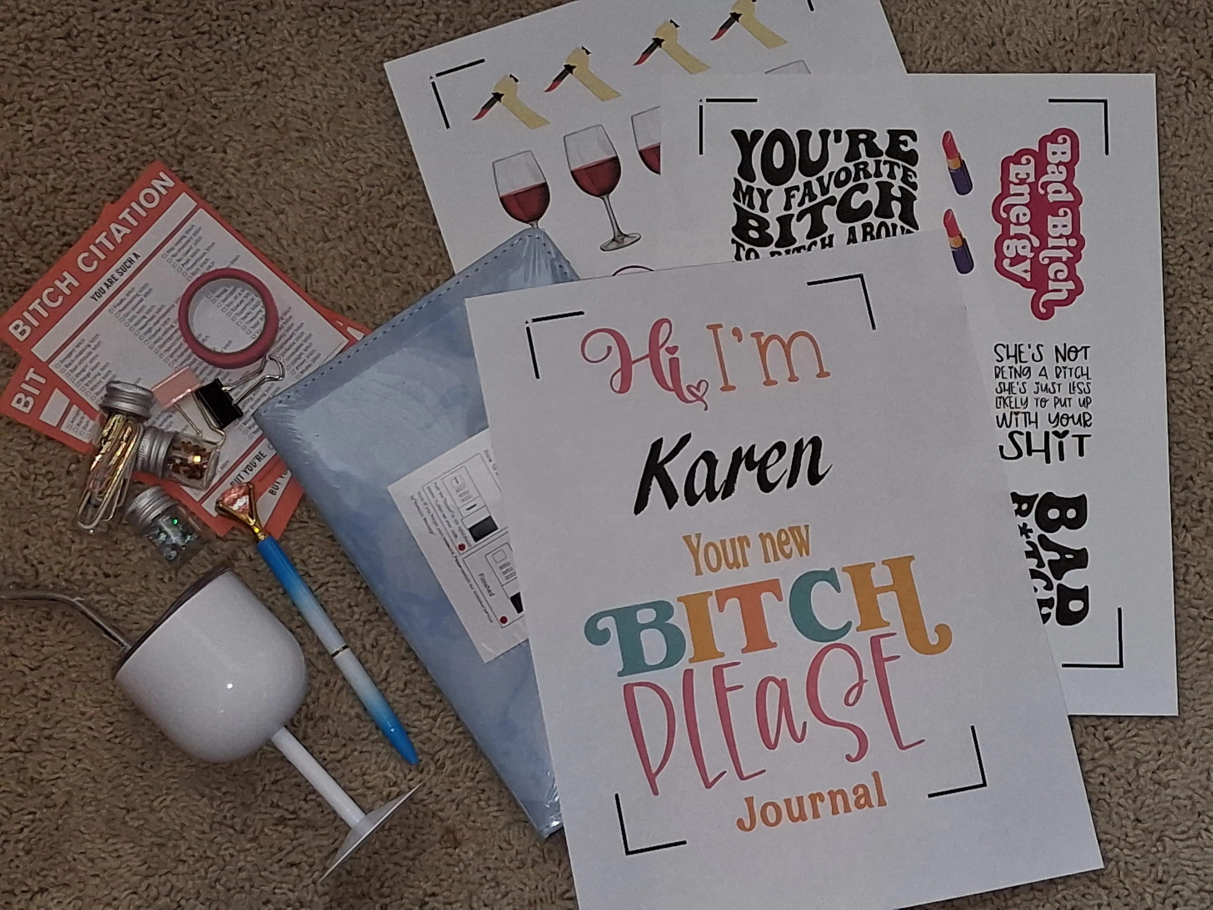 Karen, the 'Bitch...Please' Journal Kit for Adults - Combination Lock, Crystal Pen, Mini Wine Tumbler, Embellishments, NSFW Stickers, Perfect for venting your frustrations.