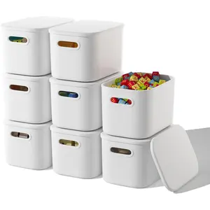 8 Pack White Storage Bins with Lids, Stackable Storage Containers with Handle, 9.85x6.9x5.7 Inch, Cute Organizer Boxes for Kitchen Bedroom Bathroom, Craft Snacks Shelf Storage