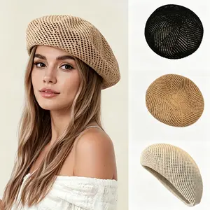 1x Women's Casual Woven Hat (Spring/Summer) - Open-Weave Breathable "Pumpkin" Hat, Round-Crown Beret, Stylish Retro "Painter" Hat, Soft & Cozy Octagonal Cap, Women's Knitted Beanie