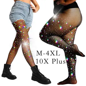 HONENNA Queen Plus Size 10X Strong Rhinestone Fishnet Stockings, Ultra Sparkly High Waist Tights for Women, Party Concert