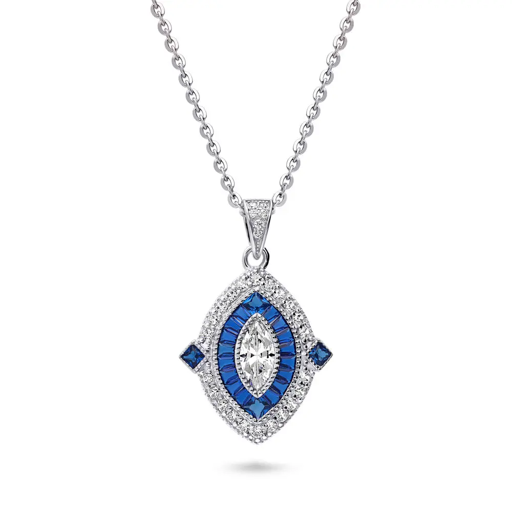BERRICLE Sterling Silver Navette Halo Art Deco Milgrain Pendant Necklace for Women, Cubic Zirconia CZ 18 inch