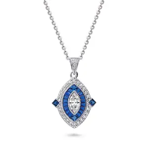 BERRICLE Sterling Silver Navette Halo Art Deco Milgrain Pendant Necklace for Women, Cubic Zirconia CZ 18 inch