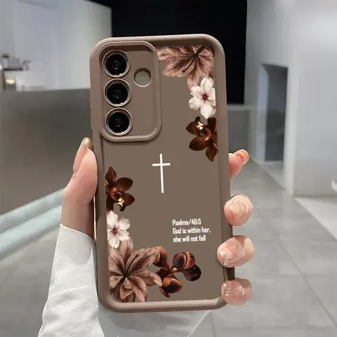 Soft TPU Cellphone Cover for Samsung Galaxy Devices - Vintage Floral Aesthetic, Raised Lips Camera Protector, Shockproof, Skin-Friendly, Christian Psalms 46:5 Cross, Flash Accessories (S21-S26 Ultra/Plus/FE, A13-A17, A33-A36, A52-A54, Note20) for Boys