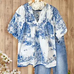 SageVell Delicate Architectural Prints Blouse Vintage-Style Top, Multi-Layer Ruffles, V-Neck Puff Sleeve Top, Cute Boho Cloth for Women