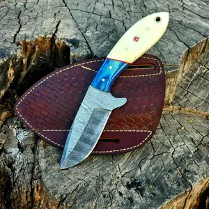 8""Handmade Damascus Bull Cutter Knife Cowboy Knife Wood & Bone Handle Utility Knife EDC Fixed Blade Knife For Men women sharp Camping Knives Bushcraft Knife Classic Pancake leather Sheath (Blue Wood bone)
