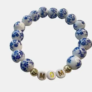 Blue Floral Porcelain Personalized Bracelet