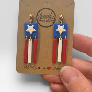 Women's Handmade 4th of July Red White Blue Polymer Clay Buffalo Book Dangle Earrings - Hypoallergenic Set, Chic Style Costume Jewelry Accessories, Chic Style Earrings