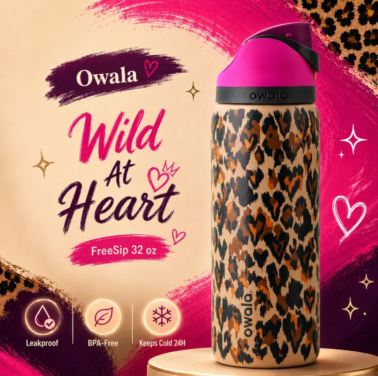 Owala Wild At Heart FreeSip 32 oz Leakproof BPA-Free Keeps Cold 24H Water Bottle with Leopard Print Design
