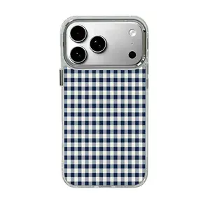 Blue and white checkered phone case, suitable for iPhone17 ProMax, 16Pro, 15, 14, 13, 12, smartphone case, premium electroplated silver frame, military-grade protection