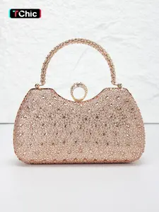 Full rhinestone ladies evening bag, metal handbag, party clutch, elegant bags, Bling Evening Bag, fashionable handbag, rhinestone ring closure, with long shoulder strap can be shoulder crossbody bag, suitable for weddings, proms, formal occasions
