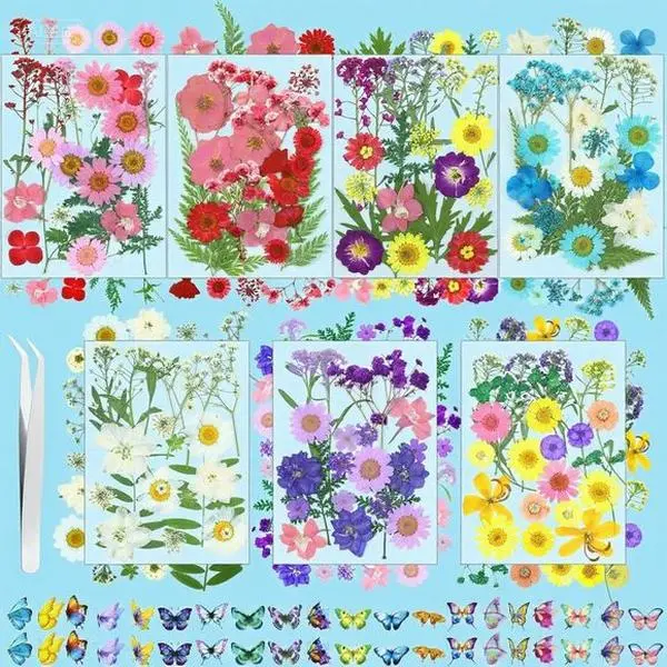 High-Quality Pressed Floral DIY Craft Kit - 300 Pcs Real Dried Diverse Flowers, Precision Tweezers, Butterfly Stickers - Resin Embedding Supplies for Family Handmade Home Decor Projects, Diverse Flower Types