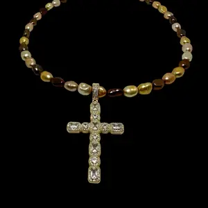 Multi Brown Pearl CZ Cross Necklace