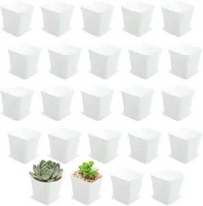 3inch White Square Plastic Pots with Saucer, Drainage Hole, 24 Pcs, for Flower/Plant, Home,Company,Office and Garden, Durable PP Material, Stackable Design