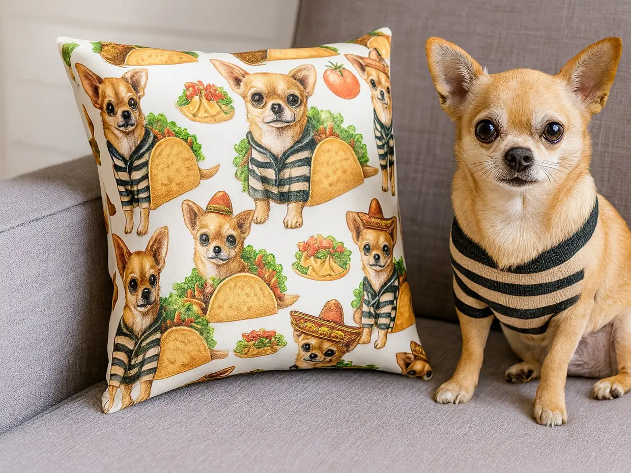 Chihuahua Taco Pillow | Funny Dog Throw Pillow | Cute Mexican Food Decor | Sombrero Dog Cushion | Chihuahua Lover Gift