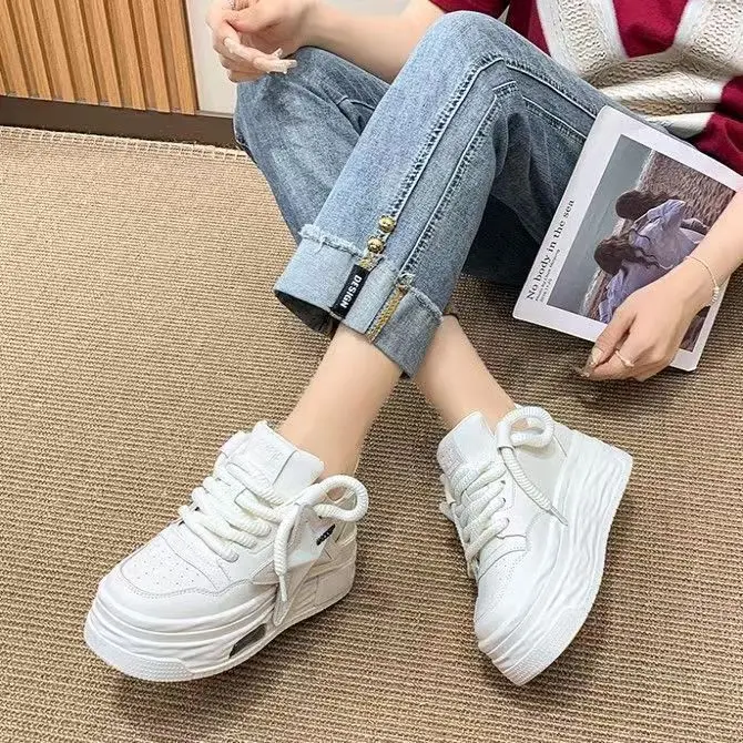 Women's Chunky Platform Casual Skate Female Shoes - Round Toe, Plain, Thick Laces, Soft Leather Uppers, Air-Cushion Shock-Absorbing Wavy Multi-Layer Heightening Sole, Non-Slip, All Seasons, for Campus & Daily Commute, Shock-Absorbent