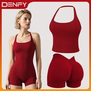 DENFY Two Pieces suit Impact Halter Top & V-Back Scrunch Shorts  High Support Butt Lifting Gym Yoga Activewear Set