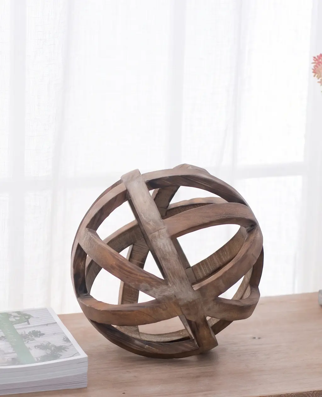 D9.8" Decorative Orbs Natural Wood Ball with Dark Wood Finished Home Decor Spheres Accent Balls