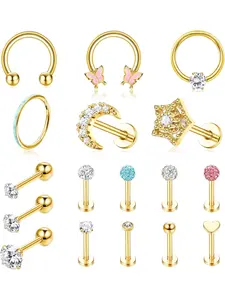 17 Pcs Silvery Golden Shiny Mixed Style Cartilage Ear Studs Hoops for Women Men Solid Stainless Steel Stable Texture Complete Assorted Set Timeless Hoop Earrings Versatile Flat Back Piercings Diverse Ear Decoration Delicate Sparkling Visual Appeal