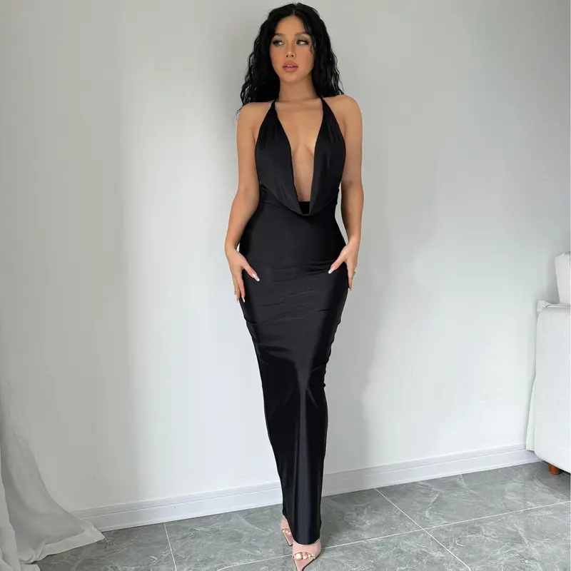 Women's Basic Sexy Sleeveless Stretch Fabric Woven Halter Cowl Neck Plunge Front Backless Knot Bodycon Mermaid Cut Maxi Gown, Party Wear for Bachelorette, Birthday Events