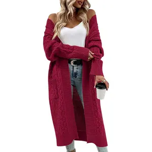Women's Long Cable Knitting Open-Front Longsleeves Cardigan with Pockets, Basic Casual Lady's Sweater Coat