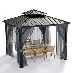Double Roof Hardtop Gazebo, Heavy Duty Aluminum Alloy Frame, Netting & Curtains – All Weather Outdoor Pavilion for Patio, Deck, Backyard, Lawn, Garden, 8x8/10x10FT