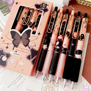 6-piece butterfly design retractable gel pen set, 0.5mm fine tip, black ink, school office home stationery, gift for girls and boys, quick-drying liquid pen, Smooth writing pens, suitable for writing, studying, office work