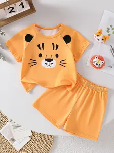 Baby boy clothing, baby boy set, baby boy summer orange tiger print short sleeved+same color shorts set, three-dimensional tiger ears+cartoon tiger face print decoration, Easter gift, suitable for family gatherings, community walks, baby products