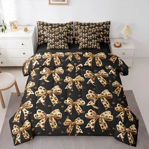 Bowtie 7 Piece Bedding Set,Leopard Print Comforter Set with Sheets Cheetah Wild Animal Skin Pattern Bow Bed in a Bag Coquette Fashion Princess Bowknot for Kids Girls Women