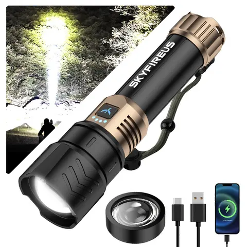 SKYFIRE Canglong Aluminium High Lumen Super Bright Flashlight - IP6 Waterproof LED, USB Rechargeable with Cable, 5000mAh Ultra-Long Endurance, Long-Range, Portable Camping Emergency Torch, Fire-Making Head