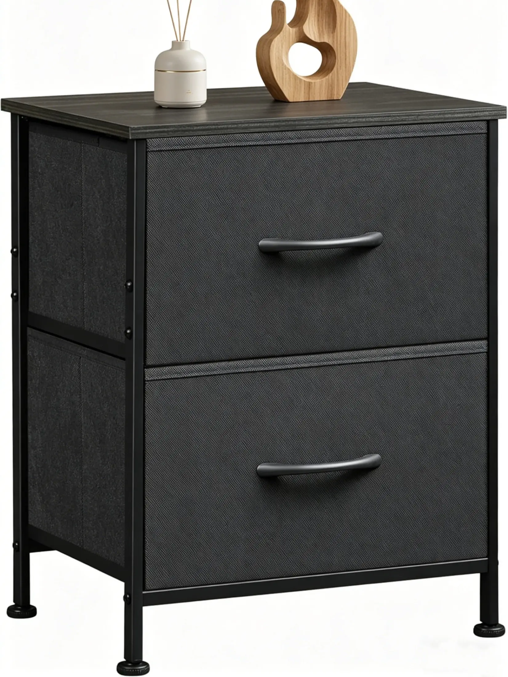 Durable Modern Black Nightstand - 2-Drawer Bedside Cabinet with Wooden Top, Removable Fabric Storage Bins, Compact Bedroom Decor End Table for Home, College Dorm