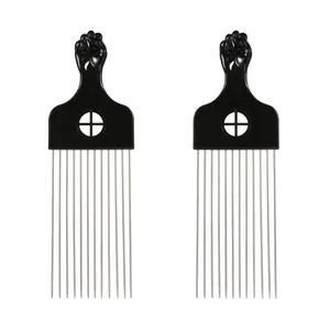 VOCOSTE 2pcs Metal Hair Pick, Metal African Hair Picks, Afro Hair Pick Comb for Women and Men, Afro Comb for Fluffy, Thick, Curly Hair, Black Silver Tone, 8.70"x2.80"