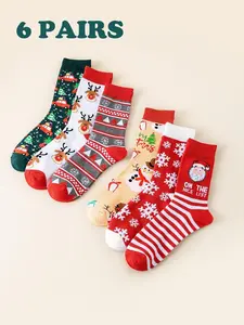 6 Pairs Christmas Cartoon Socks, Cute Santa Snowman Tree Gingerbread Design, Fall Winter Warm Sweat-Absorbing Long Tube Socks Gift Set