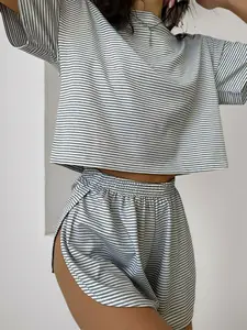 2-Piece Set Striped Casual Loose Knit Long Sleeve Top & Side Split Shorts, Halloween Cartoon Cute Design, All Seasons Everyday Wear，co-ord sets for women，loungewear set，winter co ord set，Pj sets for women，lounge set for women